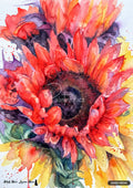 Close-up watercolor painting of a red sunflower with a dark center, surrounded by purple and yellow petals.