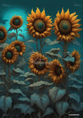 An oil painting of ten stylized sunflowers, with orange petals, green and brown centers, and green leaves and stalks.