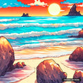 A vibrant beach sunset with a large orange sun over turquoise waves and white foam, rocks in the water and foreground.