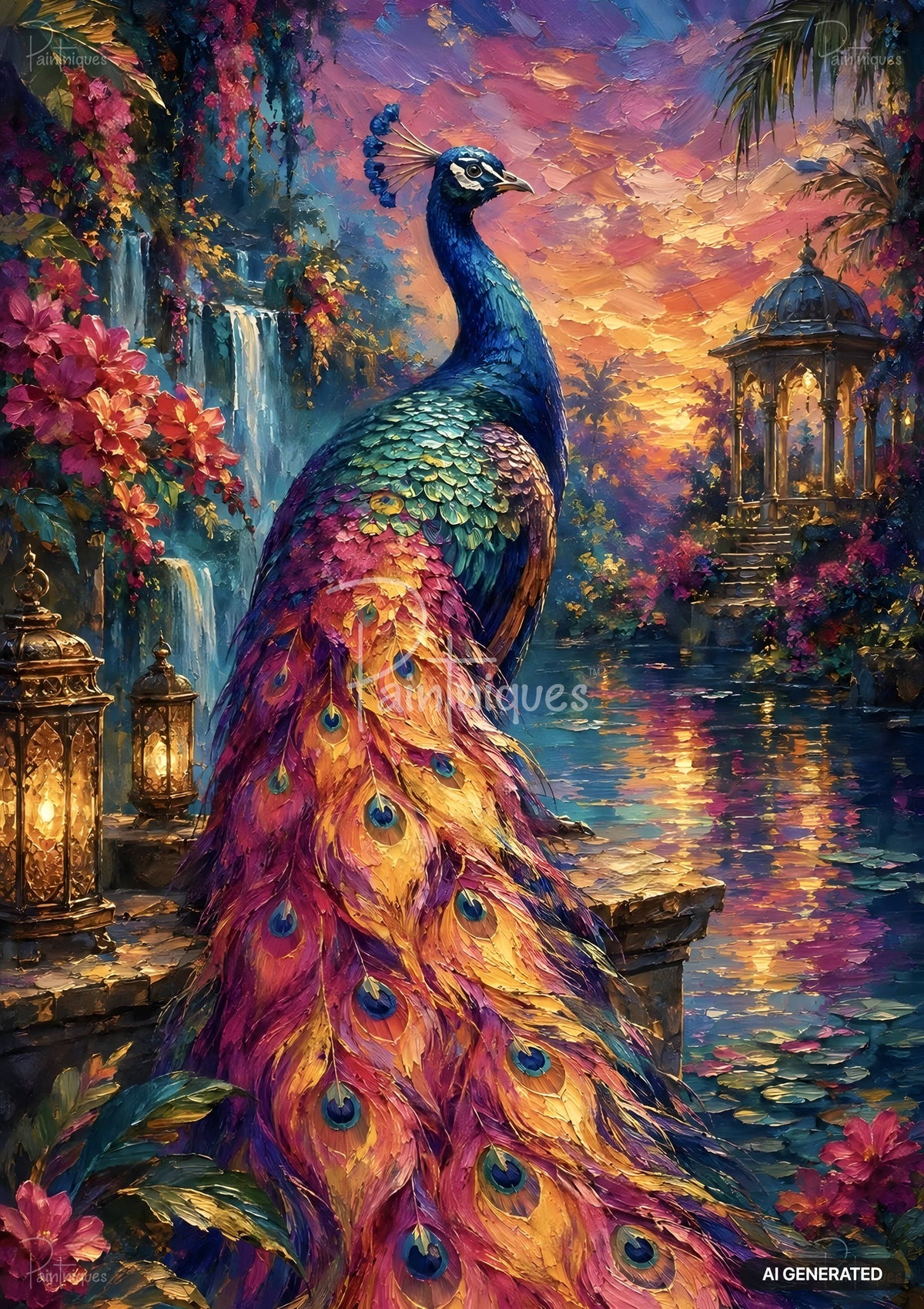 Impasto painting of a peacock with long, colorful feathers by a waterfall, water, lanterns, and a gazebo at sunset.