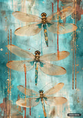Three dragonflies with translucent gold-patterned wings and blue bodies against a teal and bronze abstract background.