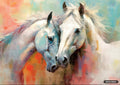 Paint strokes define two white horses' heads with black ears, facing each other. Strokes of red, orange, and blue.