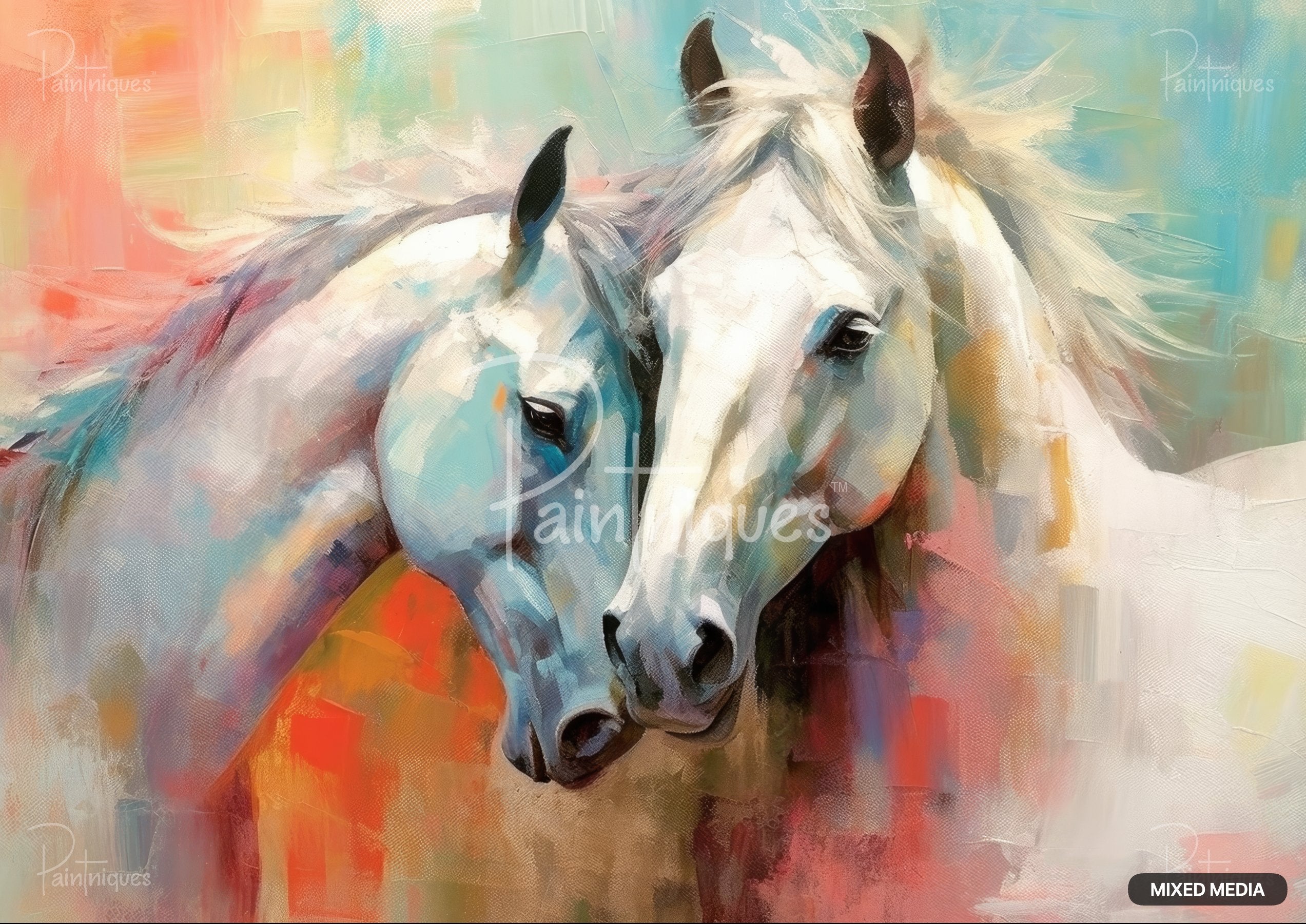 Paint strokes define two white horses' heads with black ears, facing each other. Strokes of red, orange, and blue.