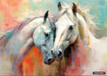 Abstract painting of two white horses nuzzling. Brushstrokes of blue, orange, yellow, and red form the background and highlights.