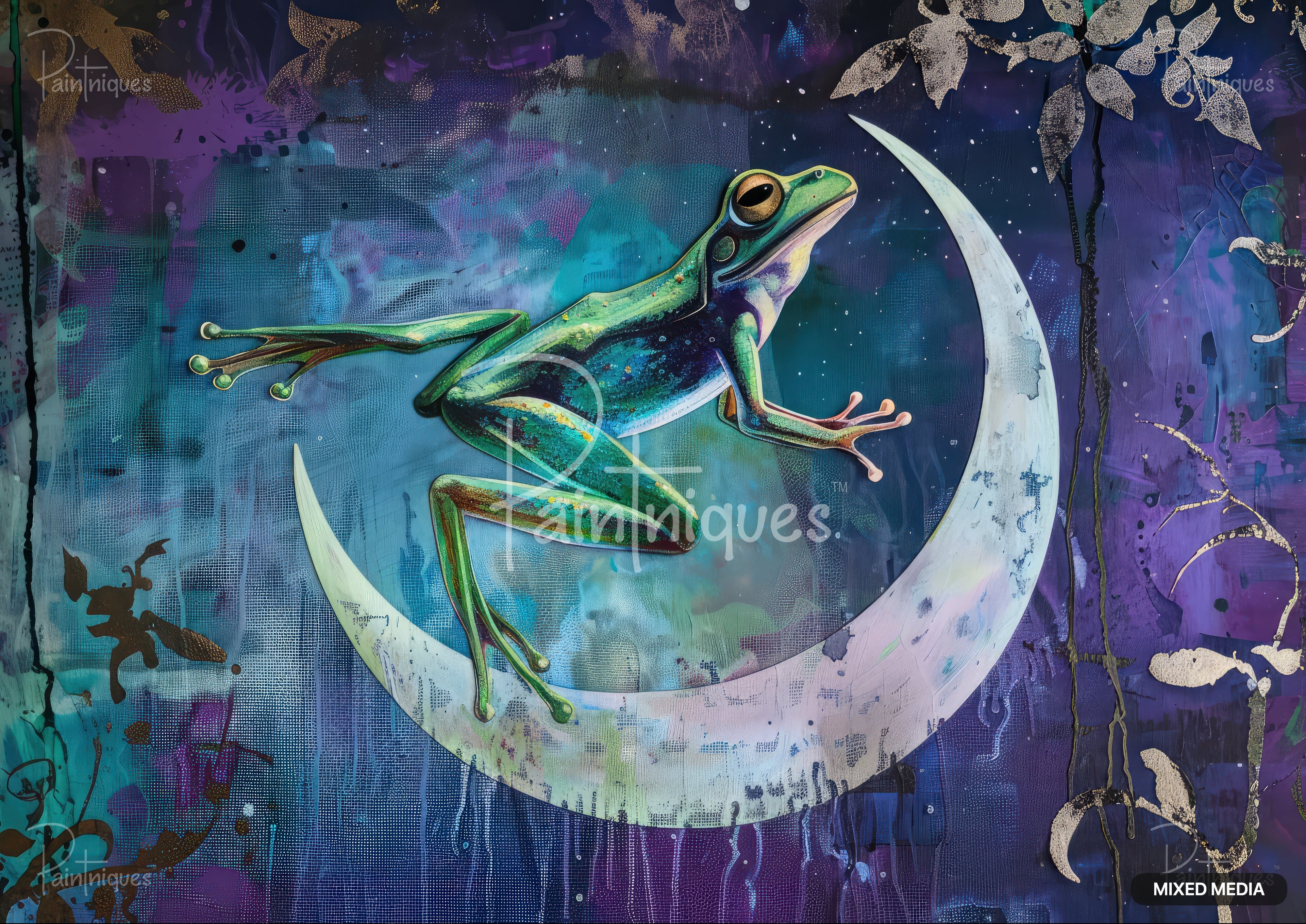 A whimsical green tree frog leaps from a crescent moon, against a deep blue and purple starry sky with shimmering gold leaves.