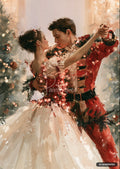 Watercolor painting of a couple dancing, illuminated by warm string lights and surrounded by festive greenery.