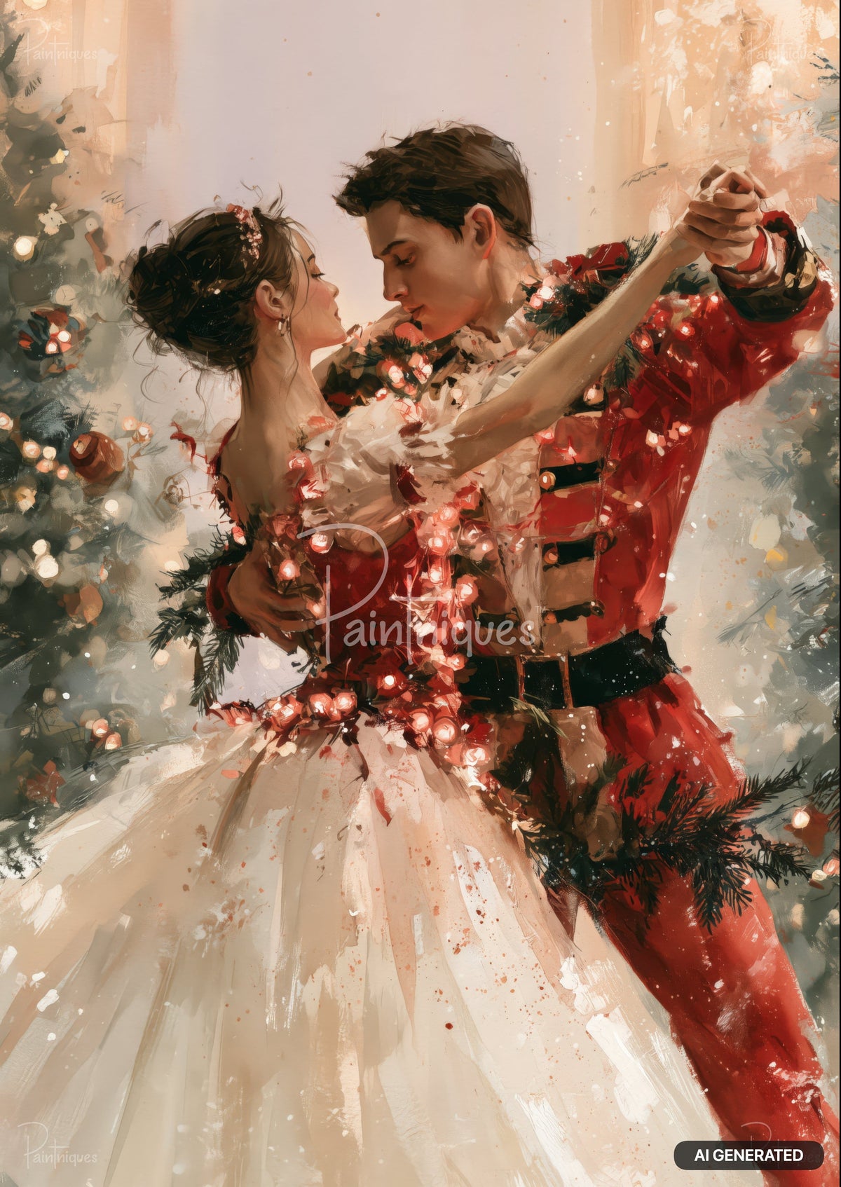 Watercolor painting of a couple dancing, illuminated by warm string lights and surrounded by festive greenery.