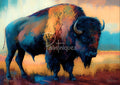 Stylized bison rendered in blue and orange brushstrokes against a warm gradient sky