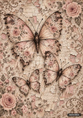 Three butterflies with lace-patterned wings and pink roses on a distressed, cracked background with floral lace and text.