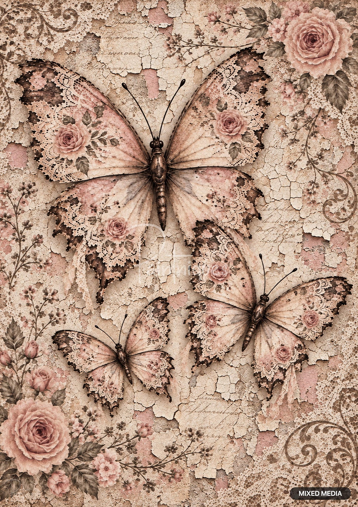 Three butterflies with lace-patterned wings and pink roses on a distressed, cracked background with floral lace and text.