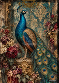 An ornate peacock with a long feathered tail stands on a pedestal, surrounded by lush flowers against a damaged damask wall.