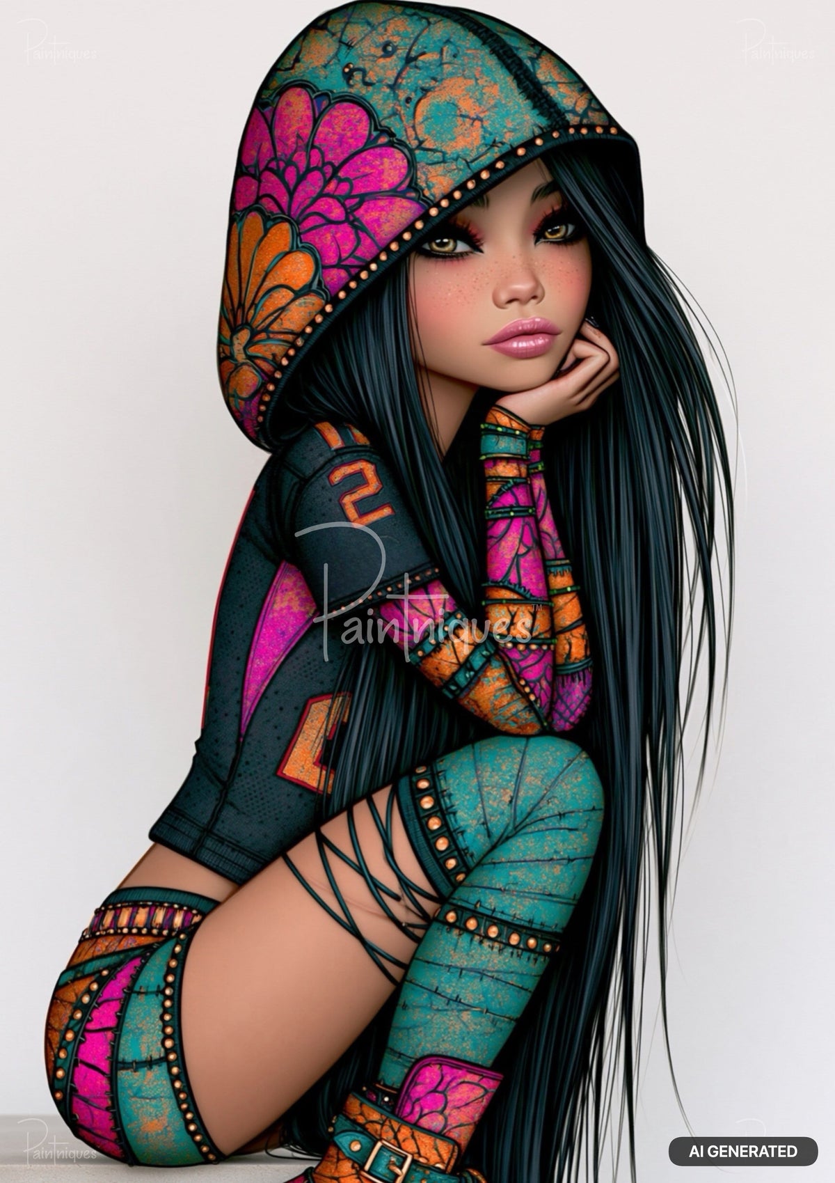 Stylized depiction of a young woman with long black hair, wearing a patterned teal, pink, and orange hooded outfit.