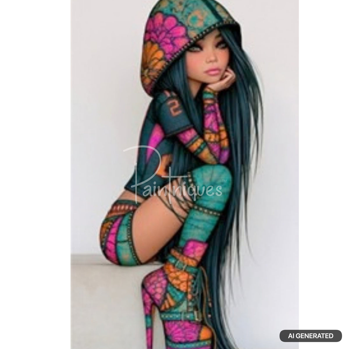 Illustration of a woman with long dark hair, wearing a colorful patterned hoodie, shorts, and knee-high boots.