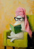 Oil painting of a white cat reading a green book. It wears a pink towel, black glasses, and sits in a green chair.