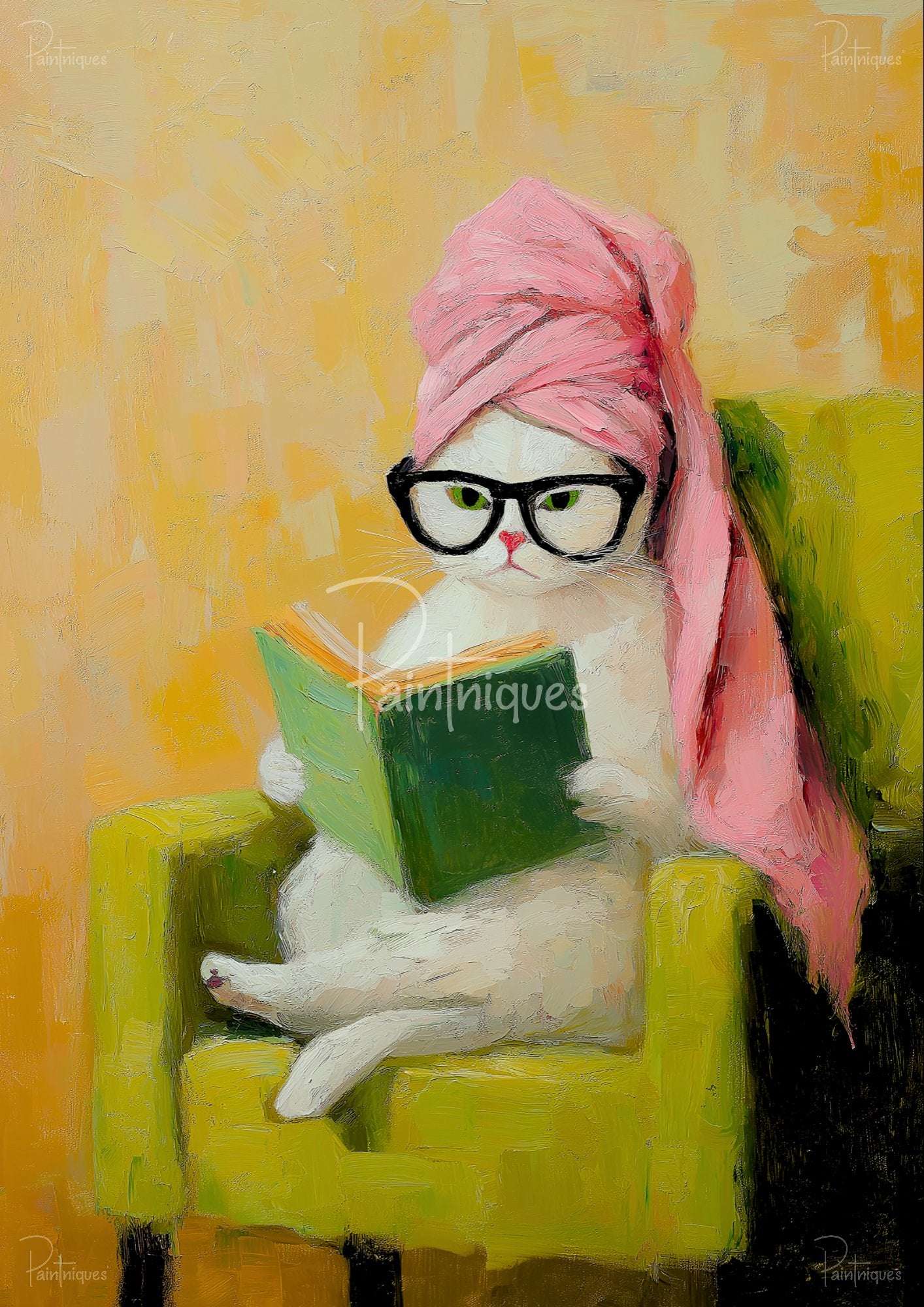 Oil painting of a white cat reading a green book. It wears a pink towel, black glasses, and sits in a green chair.