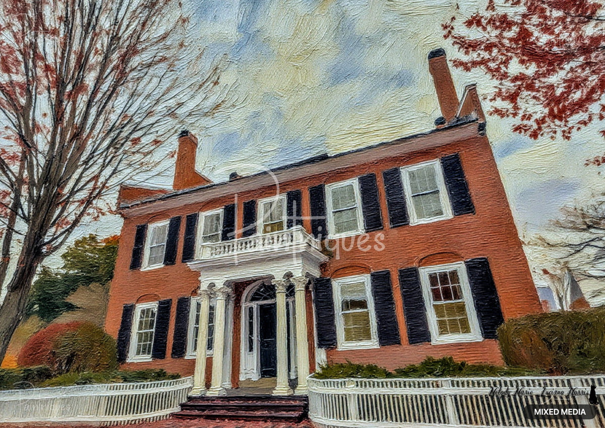Painting of a red brick colonial house with black shutters, white front porch columns, and a white picket fence.