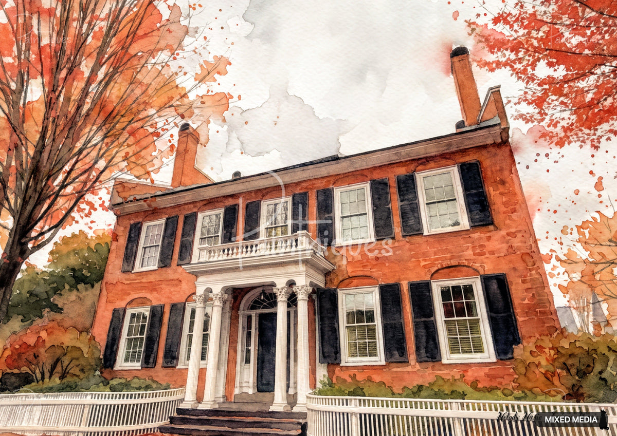 Watercolor painting of a red brick colonial house with black shutters, white columns, and fall foliage.