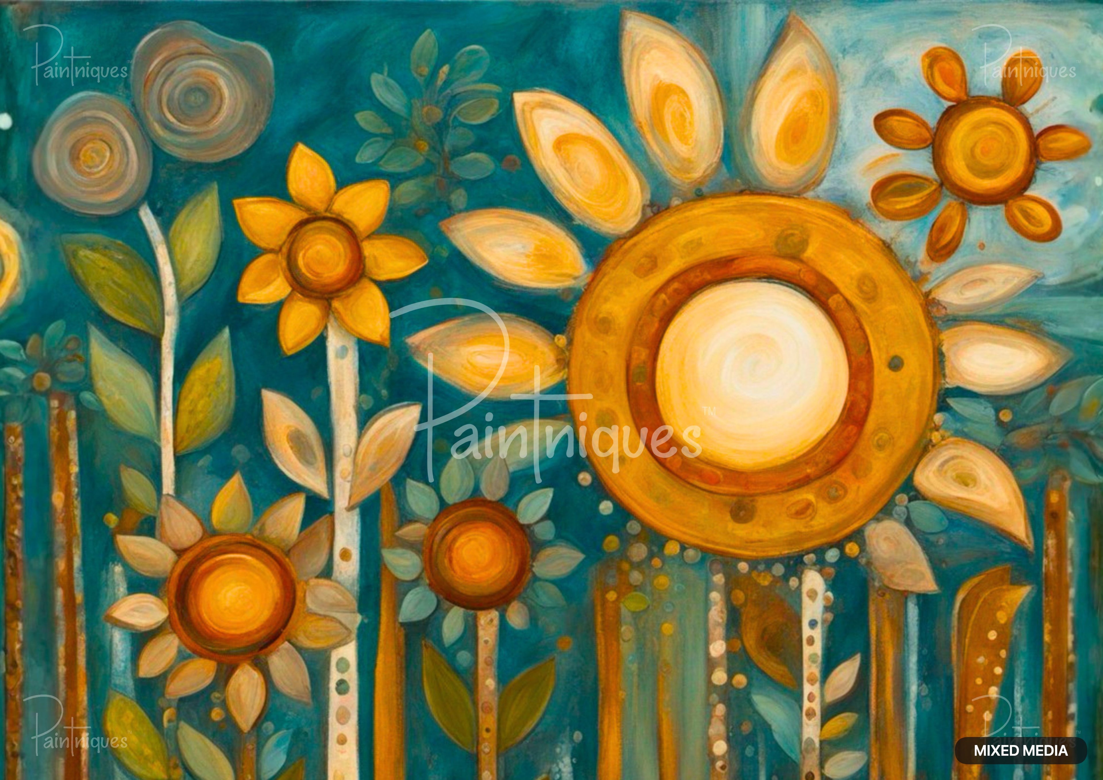 Abstract painting with golden sunflowers and green leaves on a teal background.