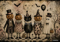 Five Halloween characters, including three pumpkins, a black cat, and a ghost, standing on a checkered floor.