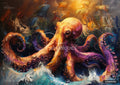 An orange, purple, and yellow octopus with ships in a stormy ocean, painted in loose thick strokes.