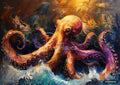 Textured painting of an orange and purple octopus on a dark sea with white waves and brown sailboats.