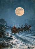 Oil painting of Santa Claus in a red sleigh with reindeer flying over a snowy landscape under a bright full moon.