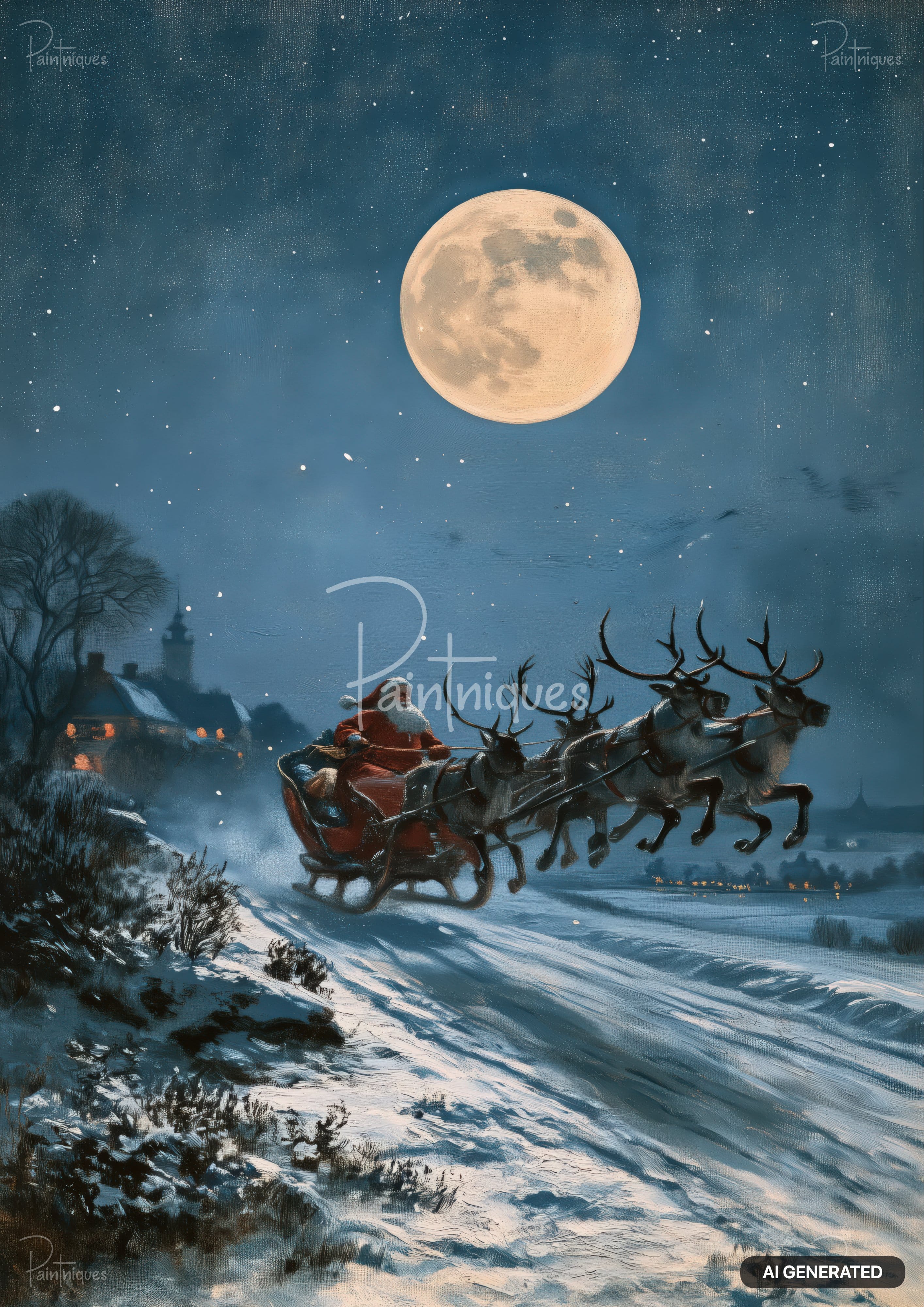Oil painting of Santa Claus in a red sleigh with reindeer flying over a snowy landscape under a bright full moon.