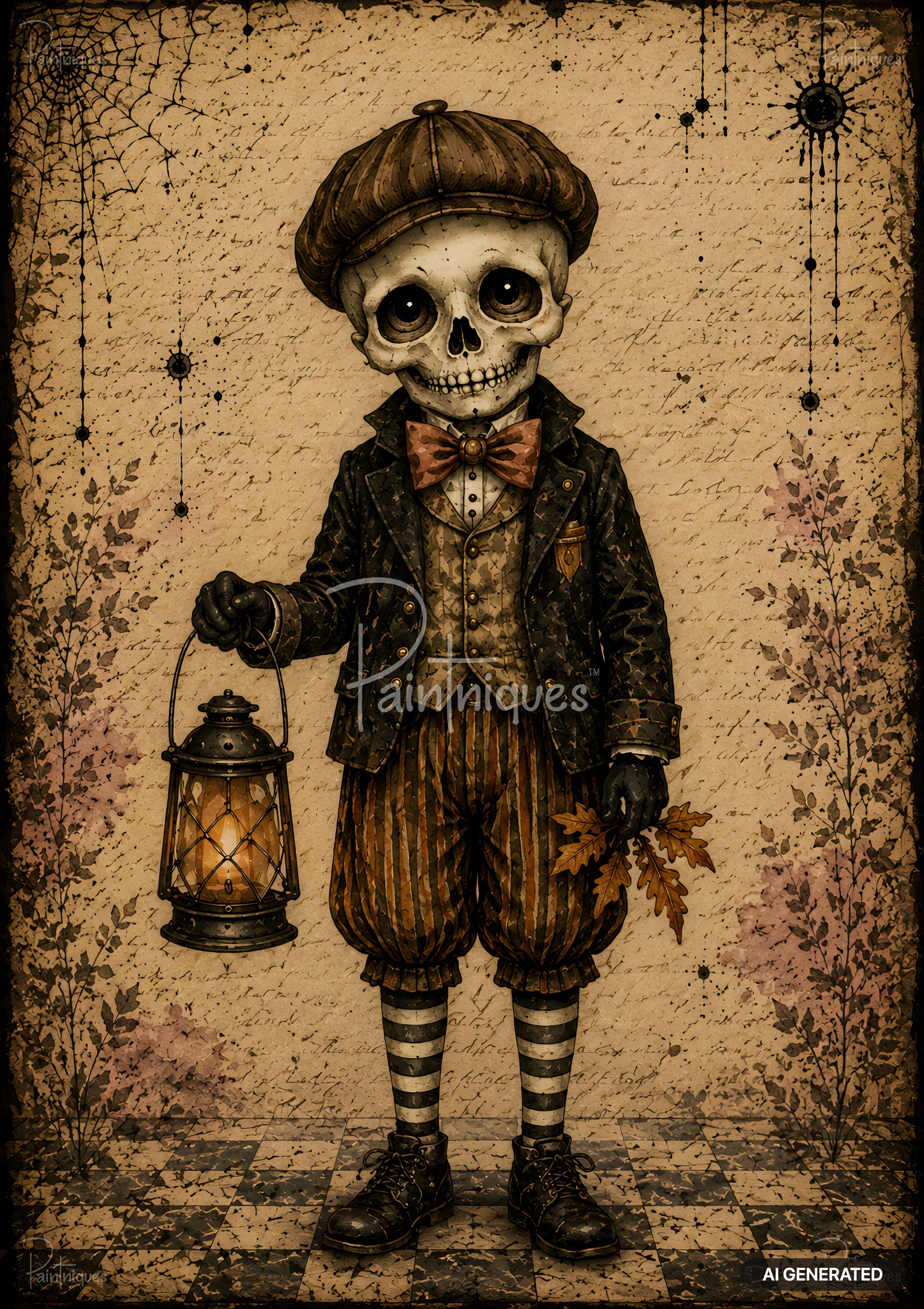 Stylized skeleton in a cap, jacket, and striped clothes holding a lit lantern and autumn leaves, against a script background.