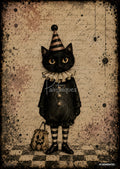 A black cat in a striped party hat and clown suit stands on a checkered floor with a jack-o'-lantern bucket.
