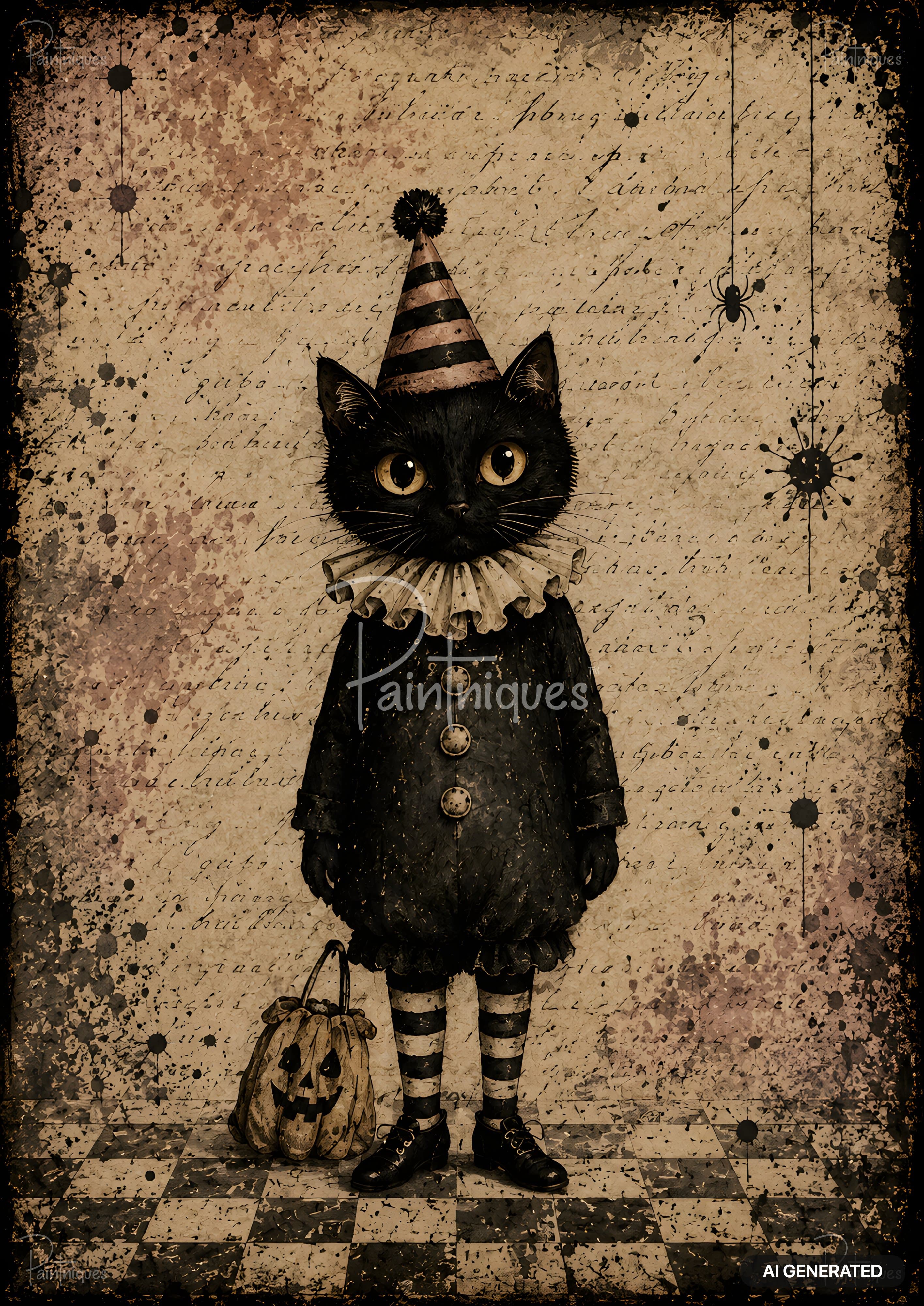 A black cat in a striped party hat and clown suit stands on a checkered floor with a jack-o'-lantern bucket.