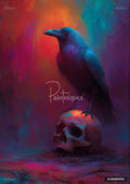 An expressive painting features a deep blue crow perched on a skull, against a gradient background of magenta and orange.