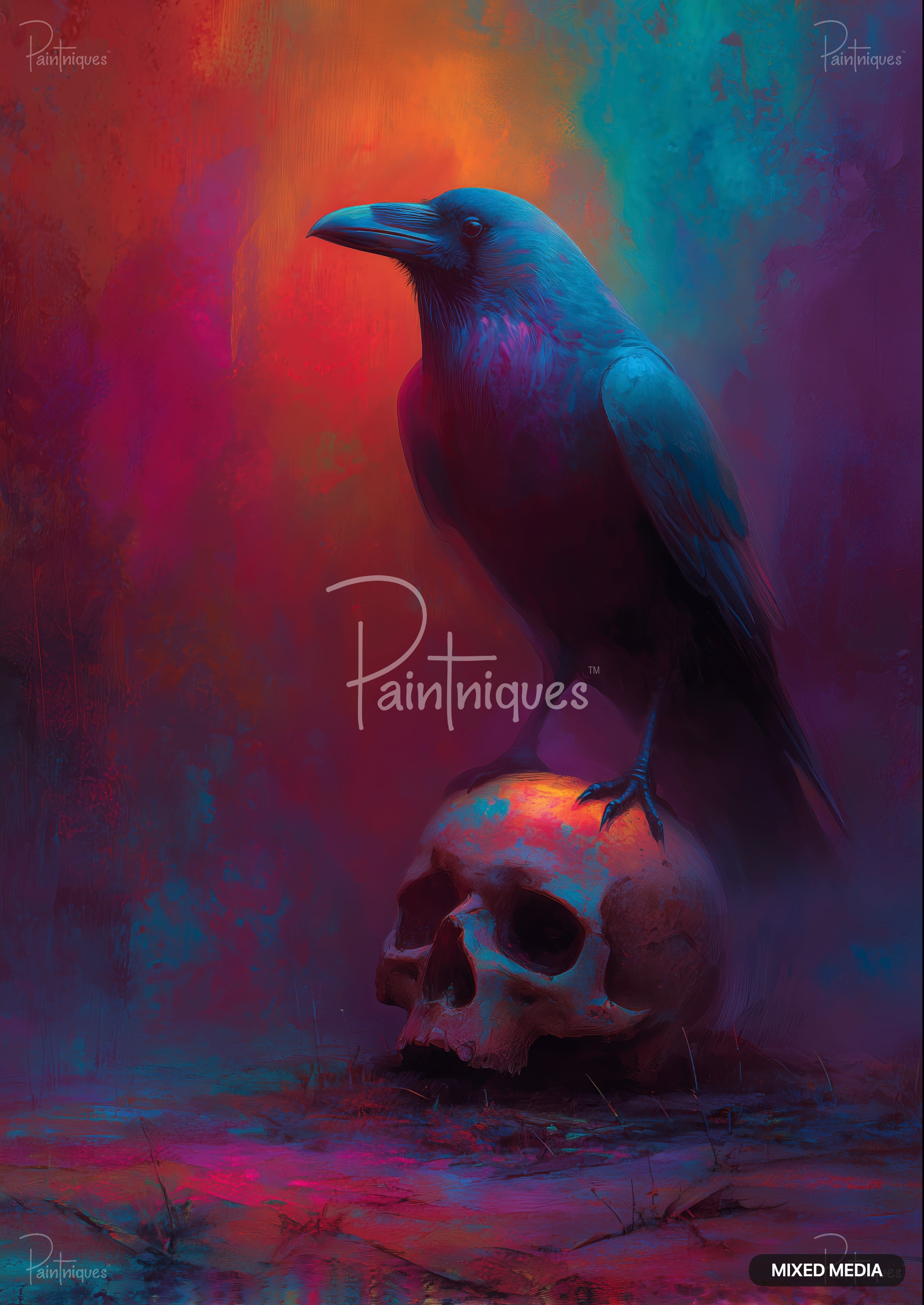 A dark blue raven stands atop a human skull, with vibrant pink, orange, and blue abstract paint strokes in the background.