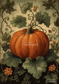 Vibrant painting of a large orange pumpkin surrounded by green leaves, winding vines, and small orange flowers.