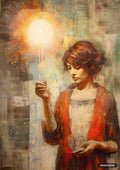 A woman with auburn hair holds a bright, glowing orb, looking down at a small object in her other hand.