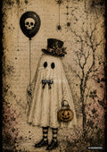 A ghost in a top hat holds a skull balloon and pumpkin pail on a textured background with trees and spiders.