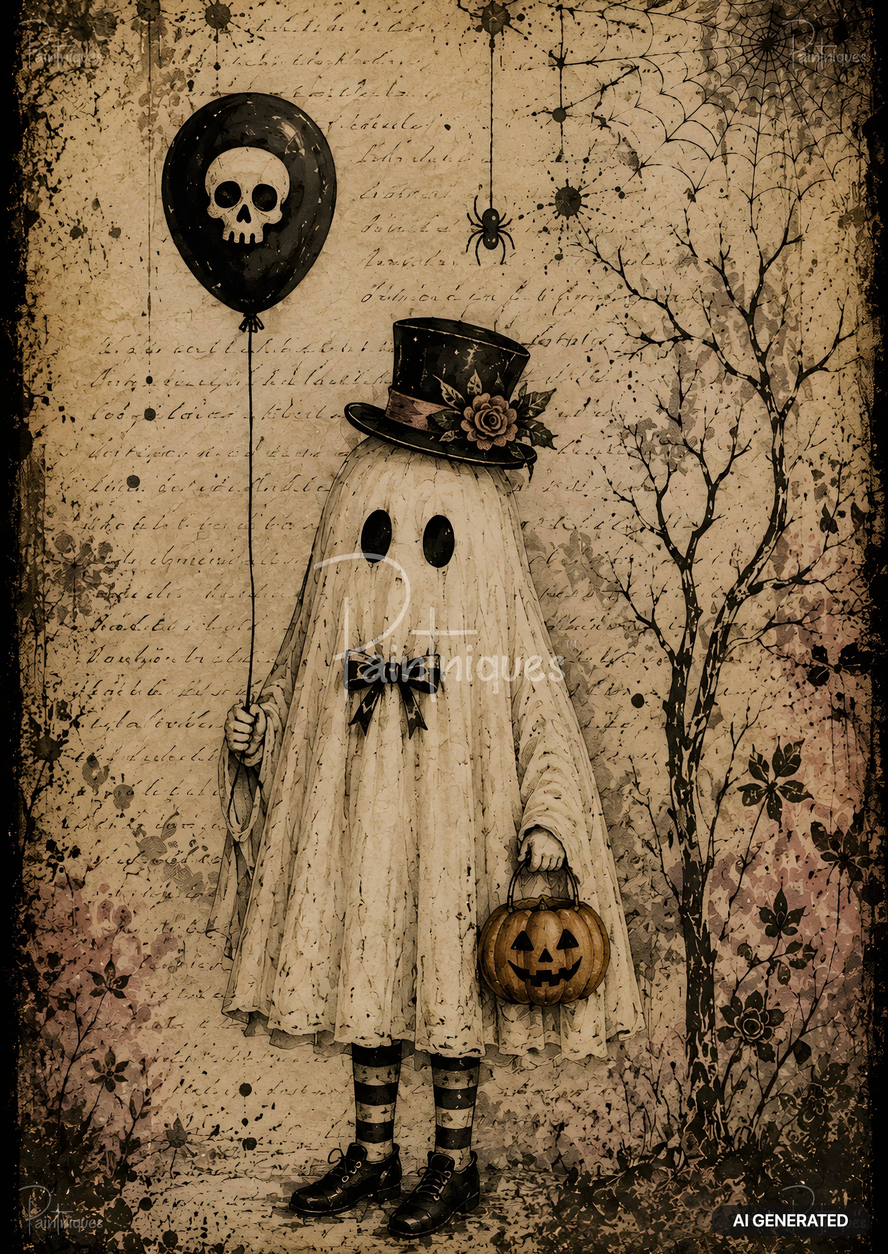 A ghost in a top hat holds a skull balloon and pumpkin pail on a textured background with trees and spiders.
