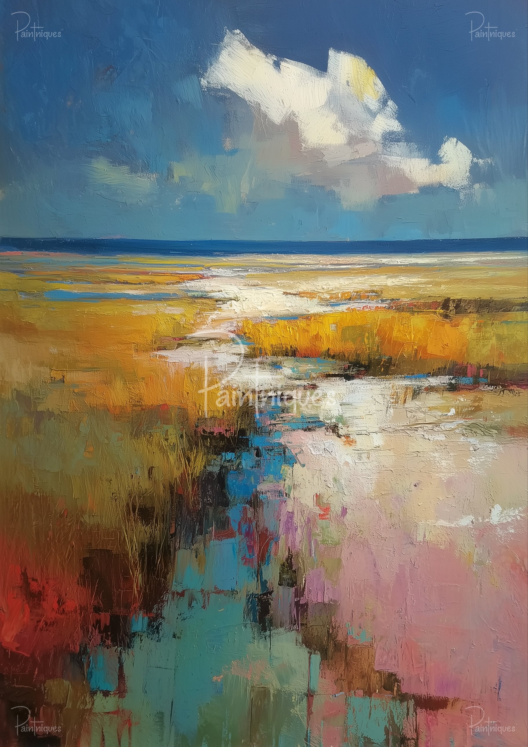 Abstract coastal marsh with blue sky and white cloud, golden reeds, tidal pools and vivid textured foreground.
