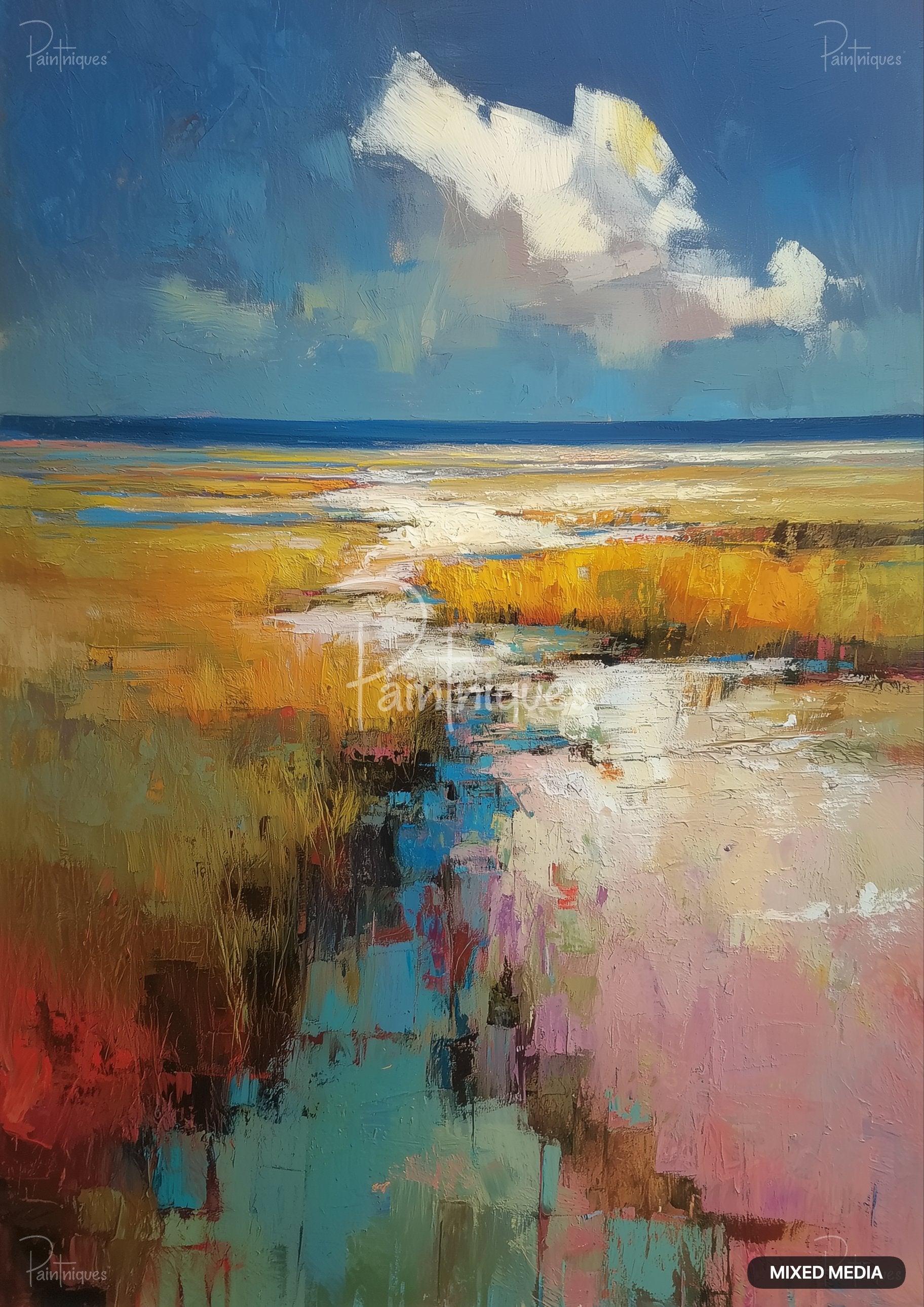 An abstract painting of a marsh with a bright blue sky, a white cloud, and a dark blue horizon.