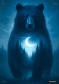 Double-exposure artwork of a black bear merged with a dark pine forest and a glowing crescent moon at night.