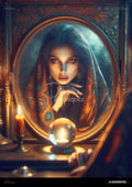A woman in an ornate mirror, wearing a patterned shawl, illuminated by candlelight and a crystal ball.