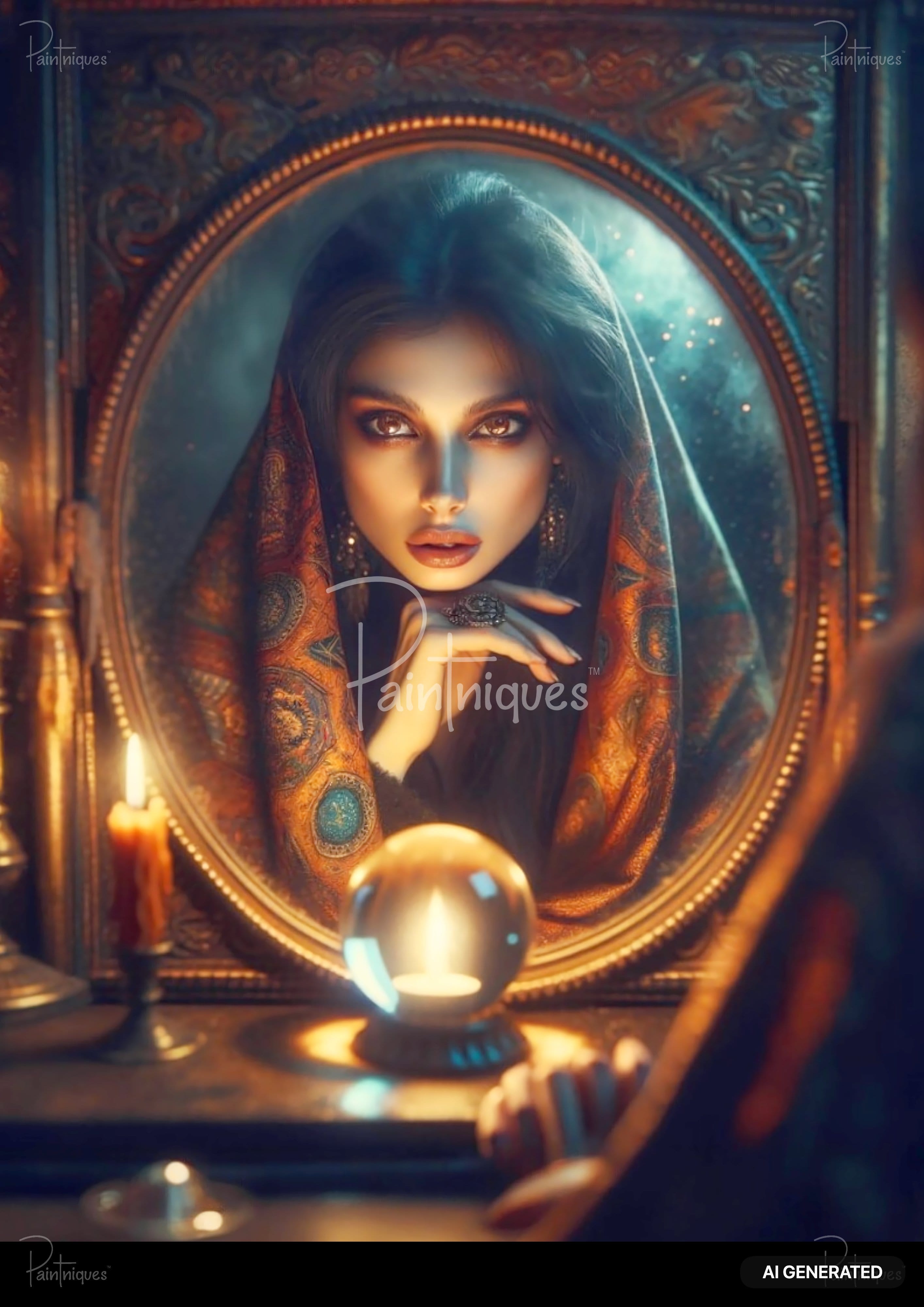 A woman in an ornate mirror, wearing a patterned shawl, illuminated by candlelight and a crystal ball.