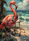 A flamingo at the beach with a floating ring around its neck and a drink on a stand next to it.