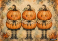Watercolor of three pumpkins with smiling faces, striped stockings, lace collars, and black Victorian boots.