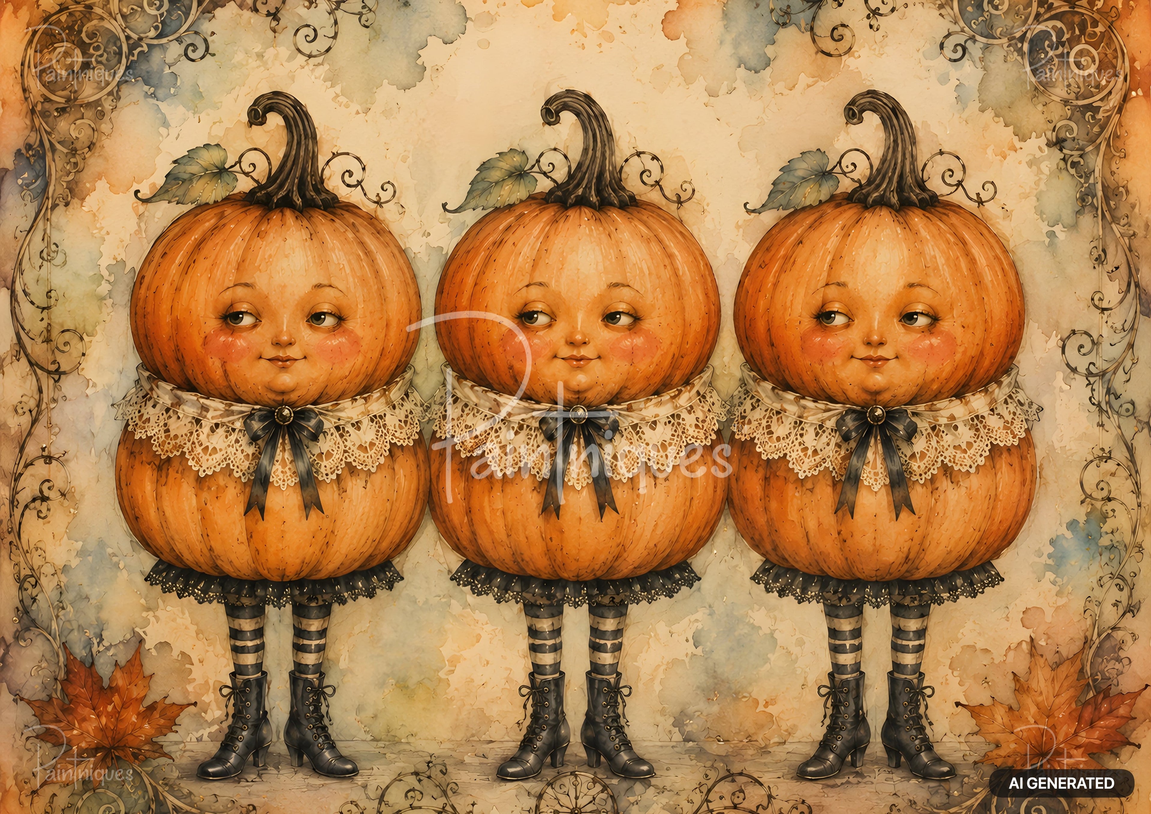 Watercolor of three pumpkins with smiling faces, striped stockings, lace collars, and black Victorian boots.