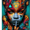 Vibrant, colorful abstract portrait with a finger to lips. Splashes of red, orange, blue paint, butterflies, and geometric shapes.