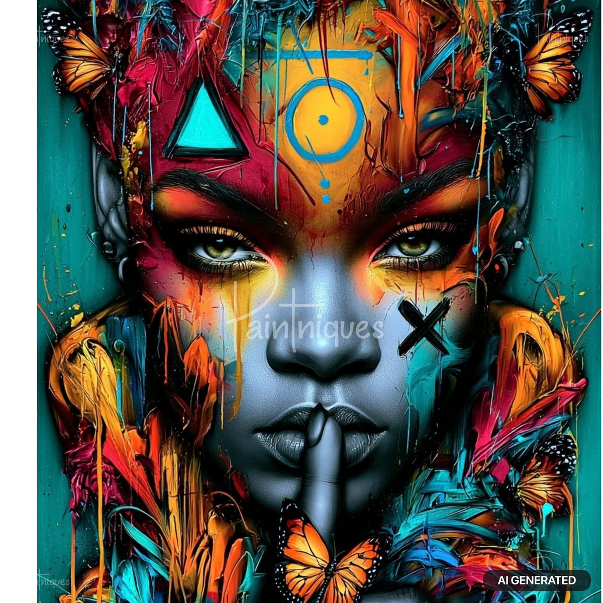 Vibrant, colorful abstract portrait with a finger to lips. Splashes of red, orange, blue paint, butterflies, and geometric shapes.