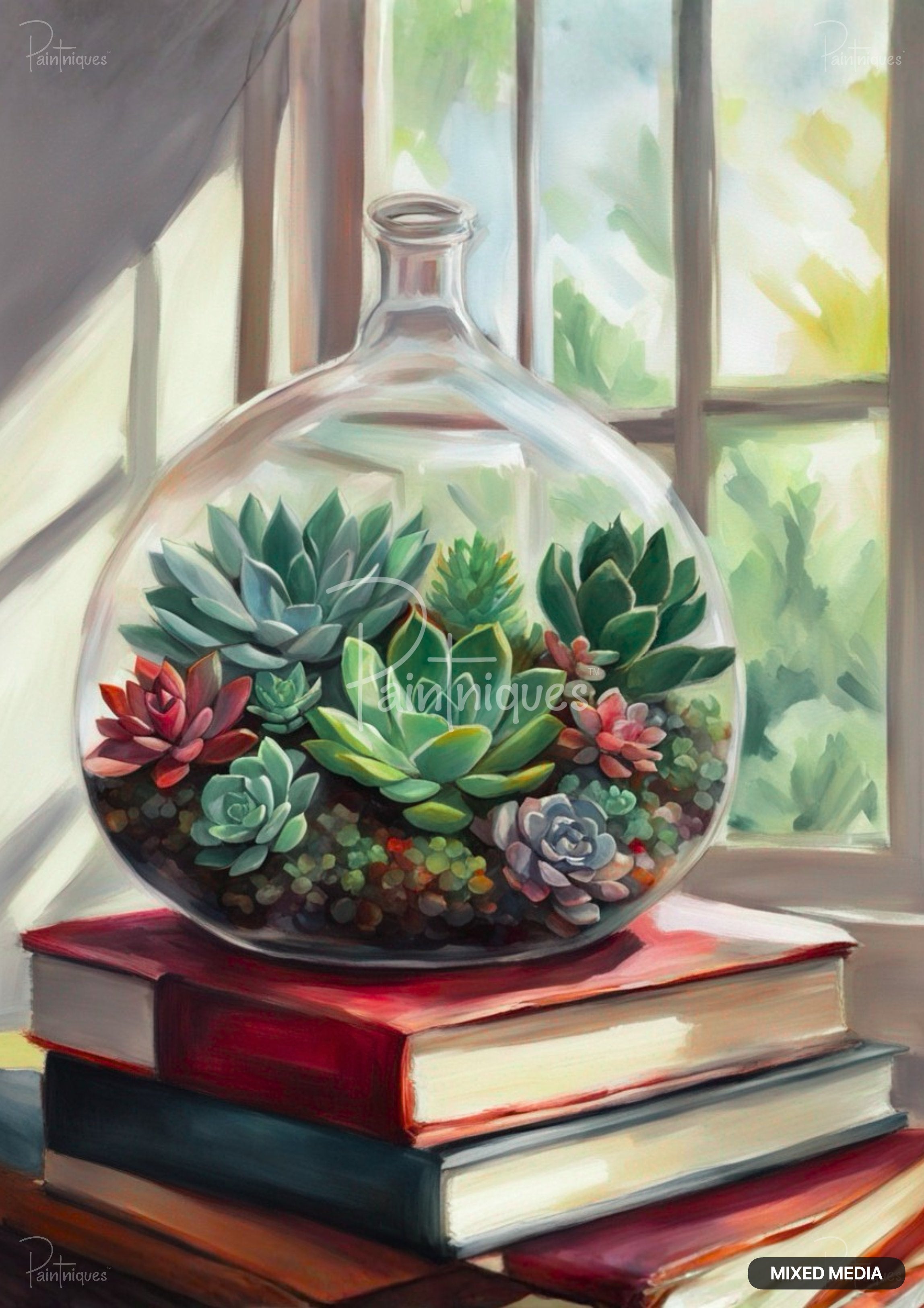A glass terrarium with an assortment of succulents sits atop a stack of books by a sunlit window.