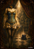 Headless female mannequin in a blue and gold corset, sheer ruffled sleeves, and black stockings on a checkered floor.