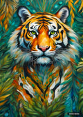 Vibrant abstract tiger head with green eyes emerges from green and orange foliage-like strokes.