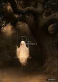 A white ghost with two black eye holes sits on a rope swing, hanging from a thick, dark tree branch. Brown, textured background.